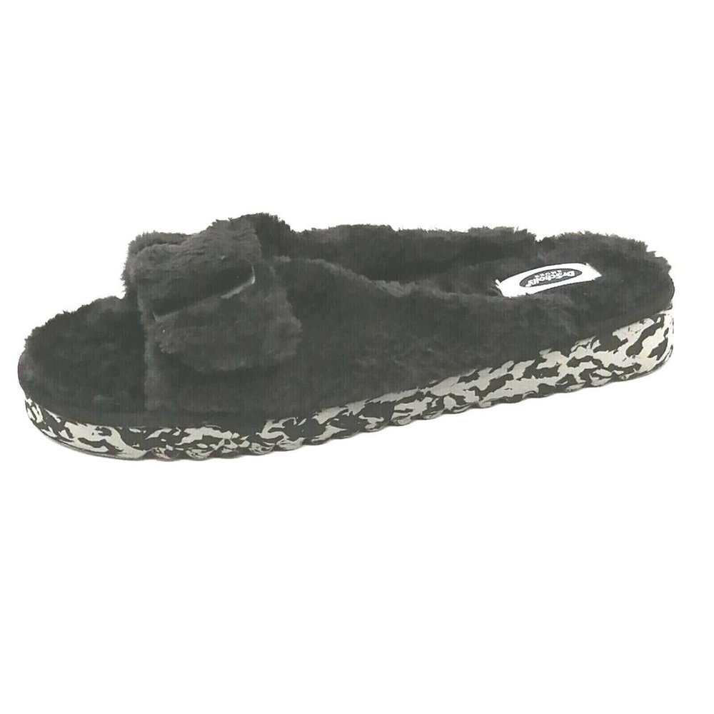 Dr. Scholl's Black Fuzzy Slide Slippers with Patterned Sole